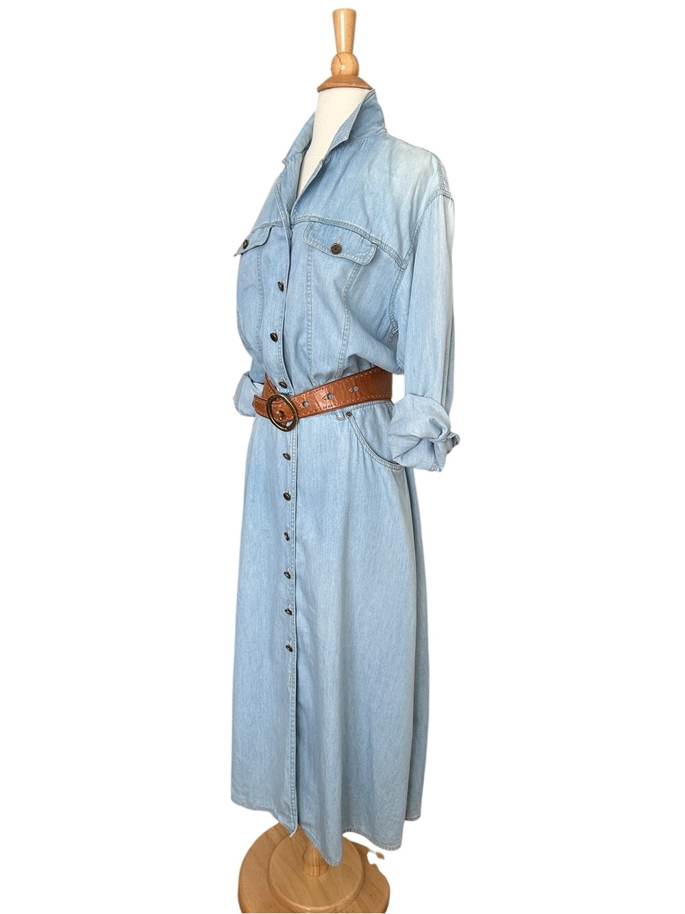Vintage 90s Lizwear Denim Maxi Shirtdress Size 12P Light Wash Western Cowgirl - Picture 3 of 15